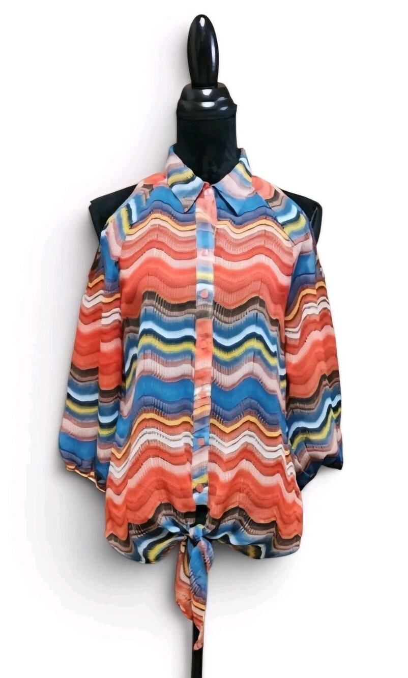 IZ Breyer Women's Size XL Blouse Multicolored Boho Cold Shoulder Print Sheer Top